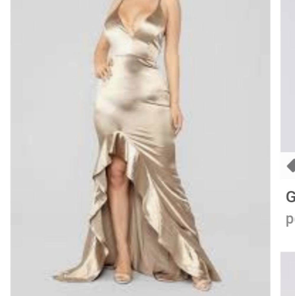 FASHIONNOVA; Mermaid Satin Gold Dress